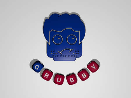 3D representation of grubby with icon on the wall and text arranged by metallic cubic letters on a...