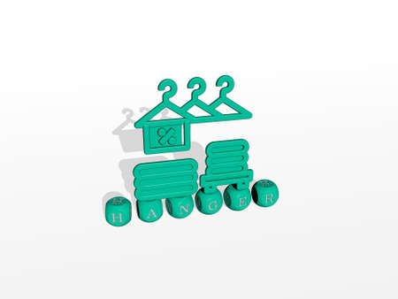 3D representation of HANGER with icon on the wall and text arranged by metallic cubic letters on a mirror floor for concept meaning and slideshow presentation. clothes and backgroundの写真素材