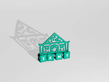 3D illustration of tent graphics and text made by metallic dice letters for the related meanings of the concept and presentations. camping and campの写真素材