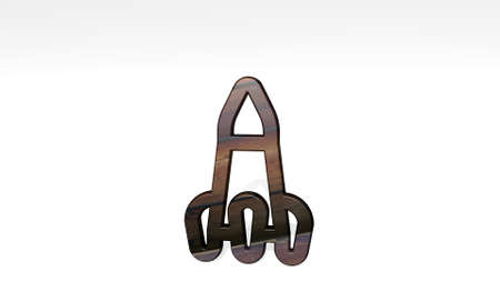 SPACE ROCKET made by 3D illustration of a shiny metallic sculpture casting shadow on light...