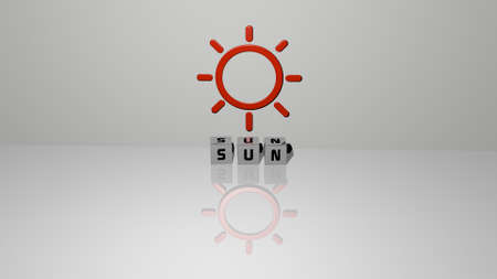 3D representation of SUN with icon on the wall and text arranged by metallic cubic letters on a mirror floor for concept meaning and slideshow presentation. background and illustrationの写真素材