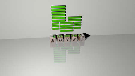 3D representation of money with icon on the wall and text arranged by metallic cubic letters on a mirror floor for concept meaning and slideshow presentation. illustration and businessの写真素材