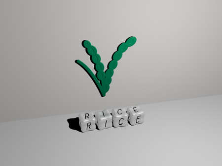 3D illustration of rice graphics and text made by metallic dice letters for the related meanings of...