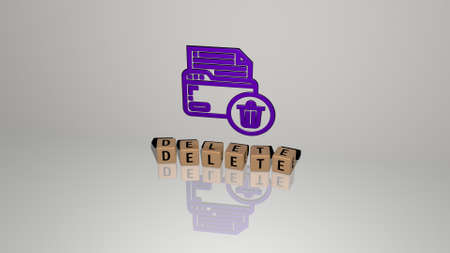 3D representation of DELETE with icon on the wall and text arranged by metallic cubic letters on a mirror floor for concept meaning and slideshow presentation. illustration and buttonの写真素材