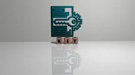 3D graphical image of key vertically along with text built by metallic cubic letters from the top...