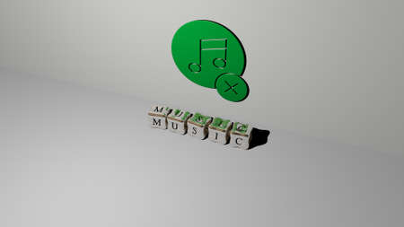 3D representation of music with icon on the wall and text arranged by metallic cubic letters on a...