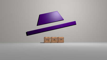 3D graphical image of hat vertically along with text built by metallic cubic letters from the top perspective, excellent for the concept presentation and slideshows. illustration and backgroundの写真素材