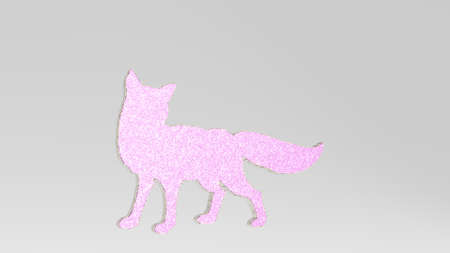 fox made by 3D illustration of a shiny metallic sculpture on a wall with light background. animal...