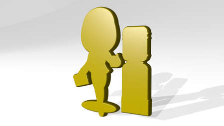 OFFICE GIRL stand with shadow. 3D illustration of metallic sculpture over a white background with mild texture. business and businessmanの写真素材