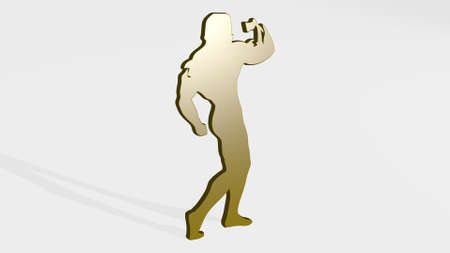 athletic man workout stand with shadow. 3D illustration of metallic sculpture over a white...