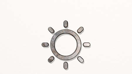 WEATHER SUN on the wall. 3D illustration of metallic sculpture over a white background with mild...