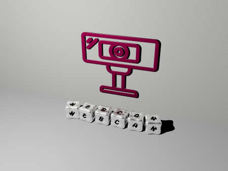 3D representation of webcam with icon on the wall and text arranged by metallic cubic letters on a...
