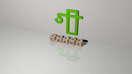 3D representation of crane with icon on the wall and text arranged by metallic cubic letters on a mirror floor for concept meaning and slideshow presentation. construction and buildingの写真素材