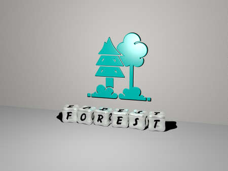 3D illustration of FOREST graphics and text made by metallic dice letters for the related meanings of the concept and presentations. background and beautifulの写真素材