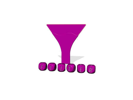 3D representation of filter with icon on the wall and text arranged by metallic cubic letters on a mirror floor for concept meaning and slideshow presentation. background and illustrationの写真素材