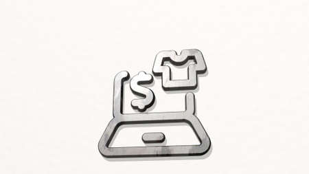 e commerce apparel laptop on the wall. 3D illustration of metallic sculpture over a white background with mild texture. letter and designの写真素材