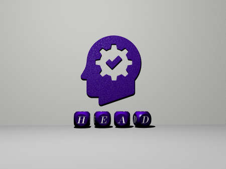 3D graphical image of head vertically along with text built by metallic cubic letters from the top perspective, excellent for the concept presentation and slideshows. illustration and backgroundの写真素材
