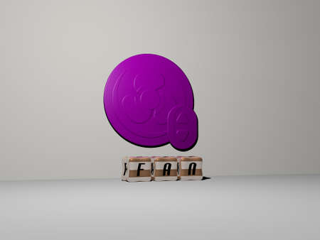 3D representation of FAN with icon on the wall and text arranged by metallic cubic letters on a...