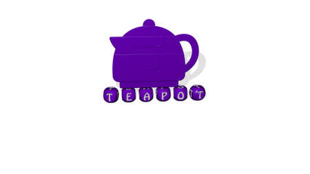 3D representation of TEAPOT with icon on the wall and text arranged by metallic cubic letters on a mirror floor for concept meaning and slideshow presentation. background and illustrationの写真素材