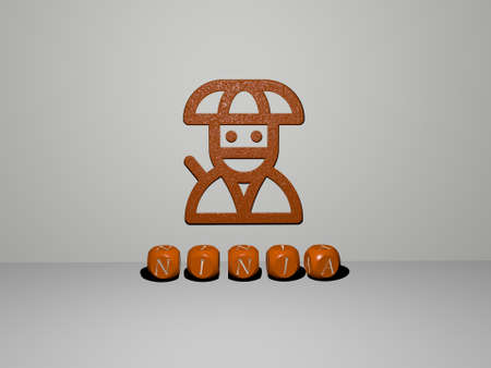 3D representation of NINJA with icon on the wall and text arranged by metallic cubic letters on a mirror floor for concept meaning and slideshow presentation. illustration and backgroundの写真素材