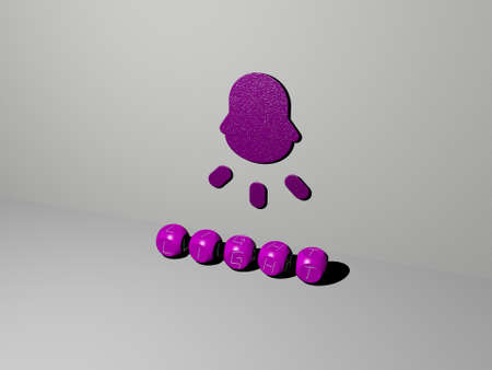 3D representation of LIGHT with icon on the wall and text arranged by metallic cubic letters on a mirror floor for concept meaning and slideshow presentation. background and illustrationの写真素材