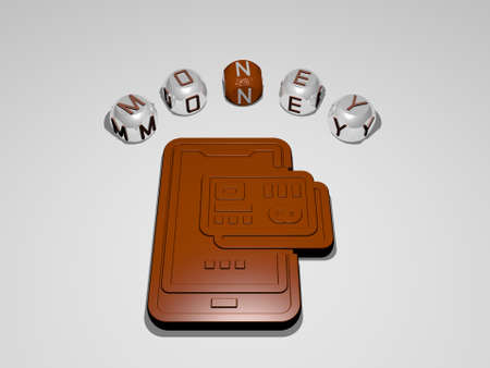 3D representation of money with icon on the wall and text arranged by metallic cubic letters on a...