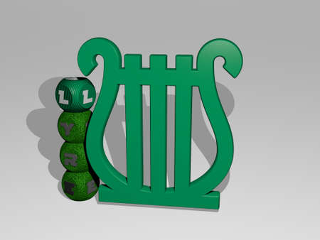 3D illustration of lyre graphics and text around the icon made by metallic dice letters for the...