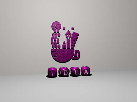 3D graphical image of idea vertically along with text built by metallic cubic letters from the top...