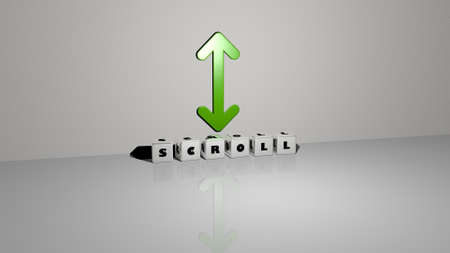 3D illustration of SCROLL graphics and text made by metallic dice letters for the related meanings of the concept and presentations. background and designの写真素材