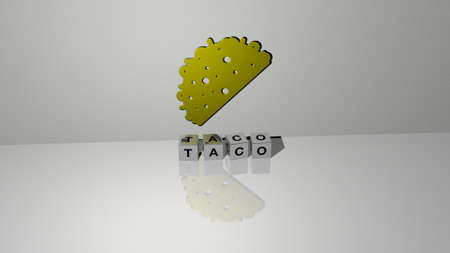 3D graphical image of taco vertically along with text built by metallic cubic letters from the top perspective, excellent for the concept presentation and slideshows. food and mexicanの写真素材