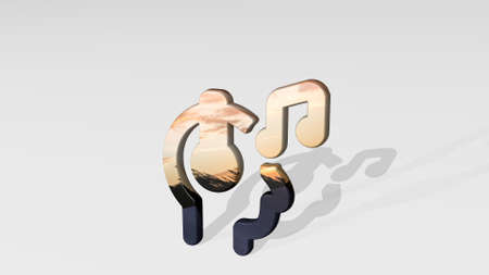 HEADPHONES HUMAN MUSIC casting shadow with two lights. 3D illustration of metallic sculpture over a white background with mild texture. listening and girlの写真素材