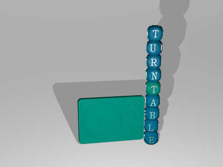3D illustration of TURNTABLE graphics and text around the icon made by metallic dice letters for the related meanings of the concept and presentations. music and audioの写真素材
