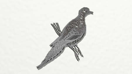 BIRD made by 3D illustration of a shiny metallic sculpture on a wall with light background. animal and beautifulの写真素材