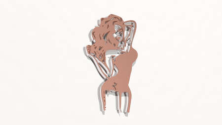 SEXY WOMAN WITH RVISHING HAIR from a perspective on the wall. A thick sculpture made of metallic materials of 3D rendering. beautiful and youngの写真素材