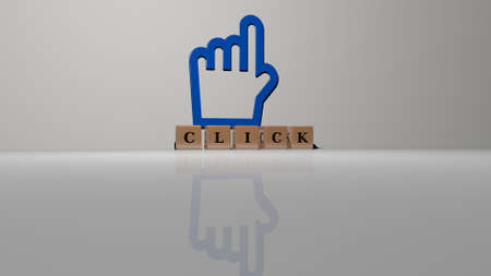 3D representation of click with icon on the wall and text arranged by metallic cubic letters on a mirror floor for concept meaning and slideshow presentation. illustration and buttonの写真素材