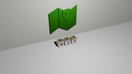3D representation of MAP with icon on the wall and text arranged by metallic cubic letters on a...