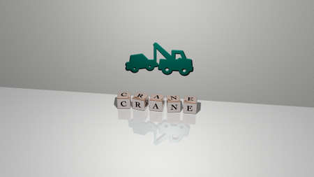 3D illustration of CRANE graphics and text made by metallic dice letters for the related meanings of...