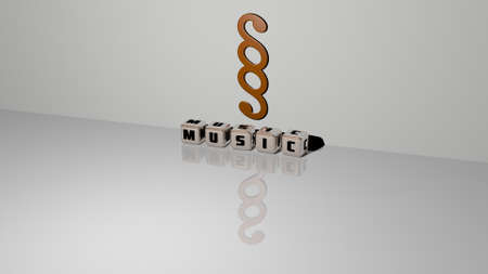 3D graphical image of music vertically along with text built by metallic cubic letters from the top perspective, excellent for the concept presentation and slideshows. illustration and backgroundの写真素材