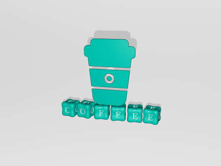 3D graphical image of COFFEE vertically along with text built by metallic cubic letters from the top perspective, excellent for the concept presentation and slideshows. background and cupの写真素材