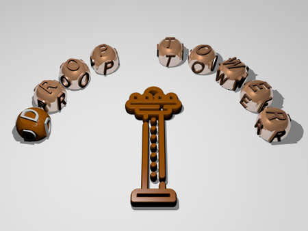 3D graphical image of drop tower vertically along with text built around the icon by metallic cubic letters from the top perspective, excellent for the concept presentation and slideshows.の写真素材