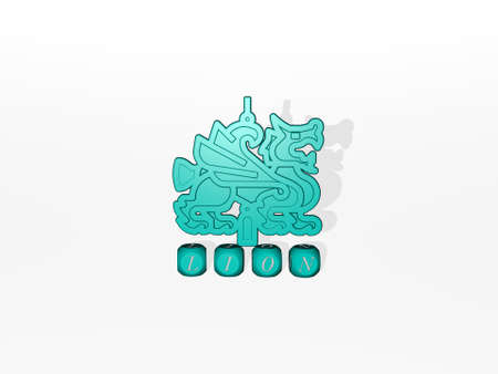 3D graphical image of lion vertically along with text built by metallic cubic letters from the top...