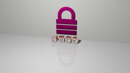 3D graphical image of lock vertically along with text built by metallic cubic letters from the top perspective, excellent for the concept presentation and slideshows. illustration and backgroundの写真素材