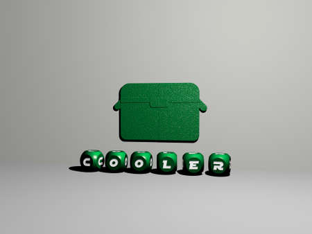 3D illustration of cooler graphics and text made by metallic dice letters for the related meanings...