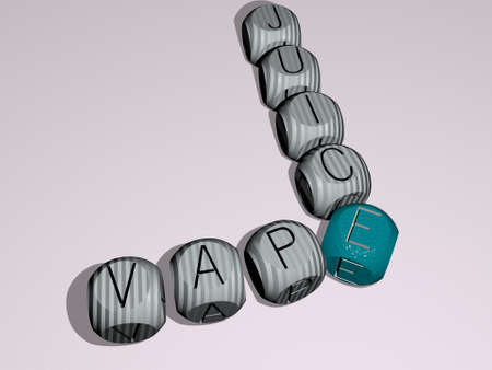 crosswords of VAPE JUICE arranged by cubic letters on a mirror floor, concept meaning and presentation. background and smokeの写真素材