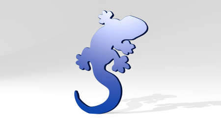 LIZARD stand with shadow. 3D illustration of metallic sculpture over a white background with mild texture. animal and greenの写真素材