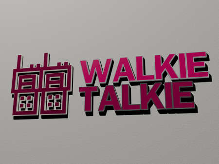 3D illustration of walkie talkie graphics and text made by metallic dice letters for the related...