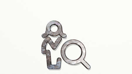 single woman actions view on the wall. 3D illustration of metallic sculpture over a white background...