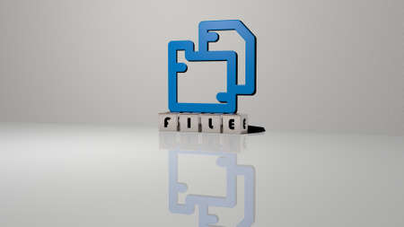 3D graphical image of FILE vertically along with text built by metallic cubic letters from the top...