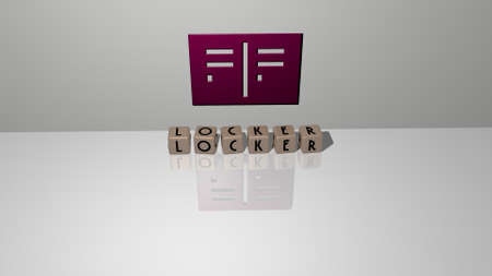 3D representation of LOCKER with icon on the wall and text arranged by metallic cubic letters on a mirror floor for concept meaning and slideshow presentation. illustration and roomの写真素材