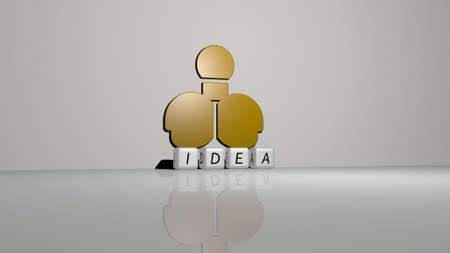 3D graphical image of IDEA vertically along with text built by metallic cubic letters from the top perspective, excellent for the concept presentation and slideshows. illustration and backgroundの写真素材
